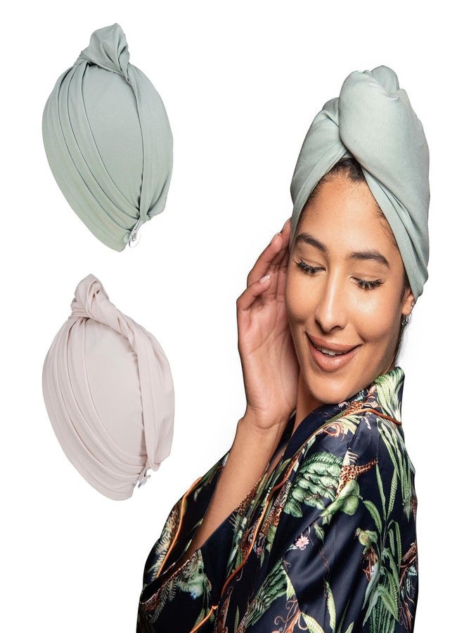 KISMETICS - 2 PCS Tee Shirt Drying Wrap, Frizz Free, Soft & Lightweight&Flexible, Hair Drying Turban, Gentle Drying Towel Wrap with Button, for Long Hair (Sage&Pink) - Image 1